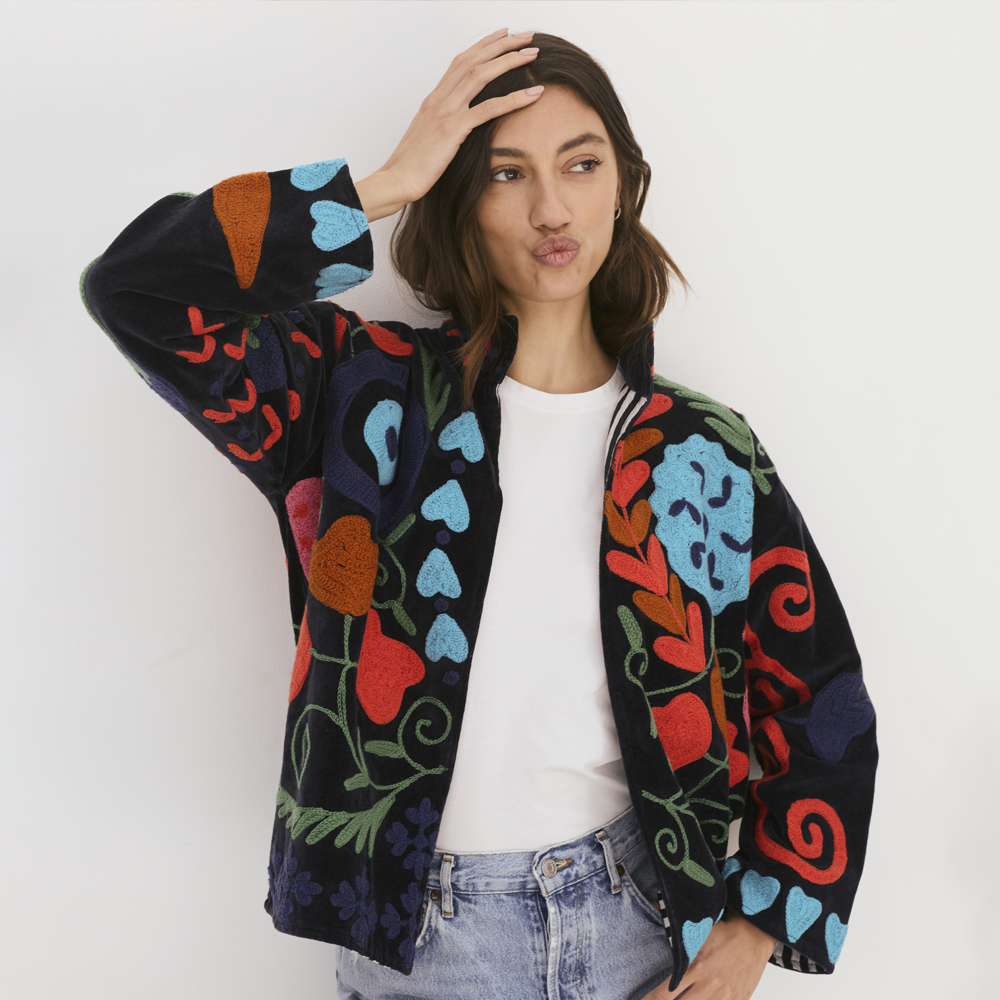 Embroidered Velvet Collared Jacket - Black with Multi Pattern