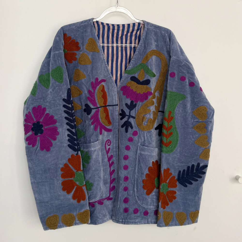 Embroidered Velvet Jacket - Dusty Blue with Multi Pattern