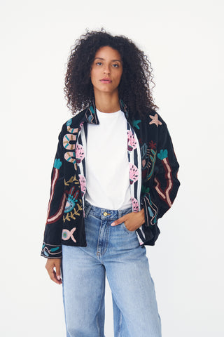 Embroidered Velvet Collared Jacket