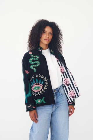 Embroidered Velvet Collared Jacket