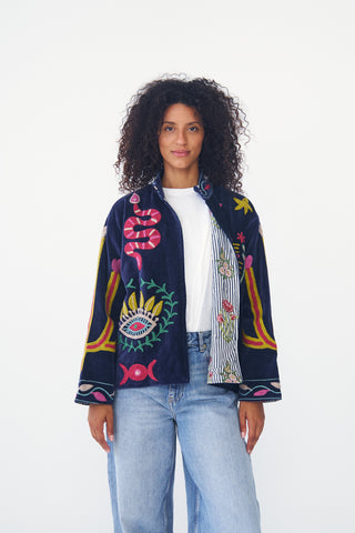Embroidered Velvet Collared Jacket