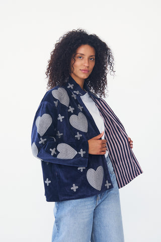 Embroidered Velvet Collared Jacket - Deep Navy with Grey Heart & Cross
