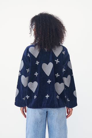 Embroidered Velvet Collared Jacket - Deep Navy with Grey Heart & Cross