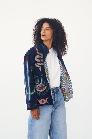 Embroidered Velvet Collared Jacket