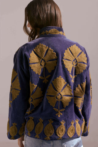 Embroidered Velvet Collared Jacket - Deep Blue (Slightly Imperfect)