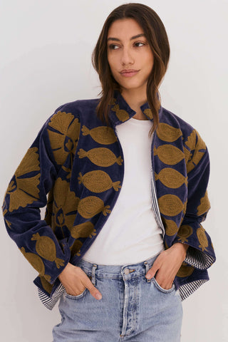 Embroidered Velvet Collared Jacket - Deep Blue (Slightly Imperfect)