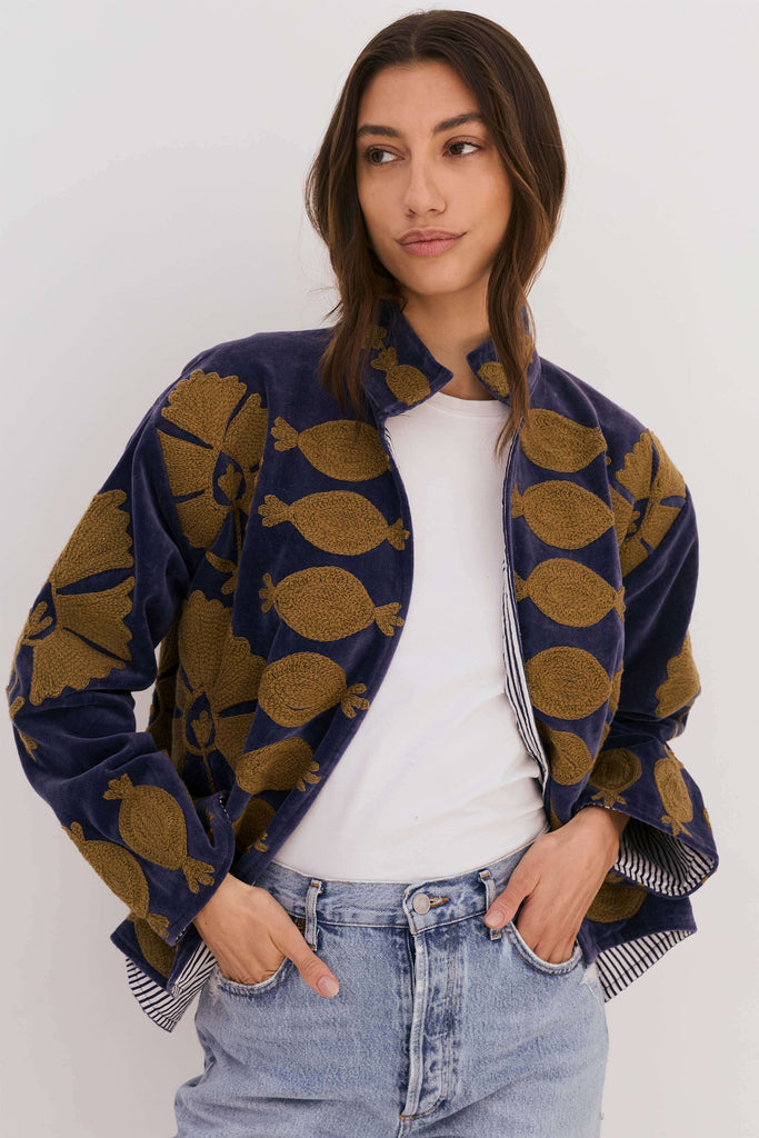 Embroidered Velvet Collared Jacket - Deep Blue with Gold Motif