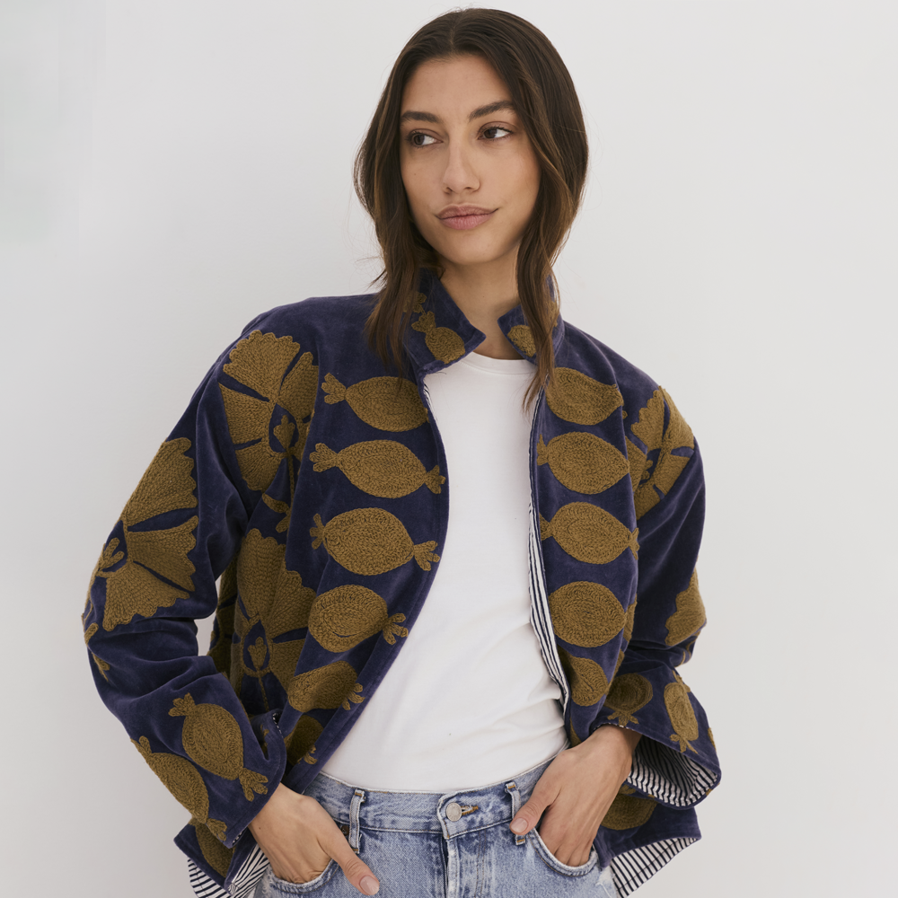 Embroidered Velvet Collared Jacket - Deep Blue with Gold Motif