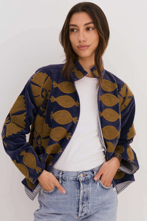 Embroidered Velvet Collared Jacket - Deep Blue with Gold Motif