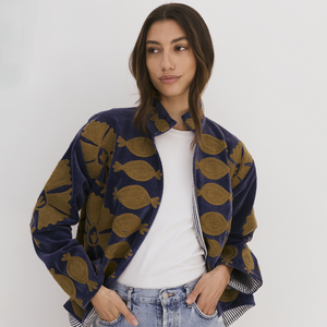 Embroidered Velvet Collared Jacket - Deep Blue with Gold Motif