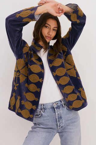 Embroidered Velvet Collared Jacket - Deep Blue (Slightly Imperfect)