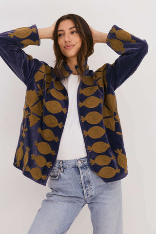 Embroidered Velvet Collared Jacket - Deep Blue (Slightly Imperfect)