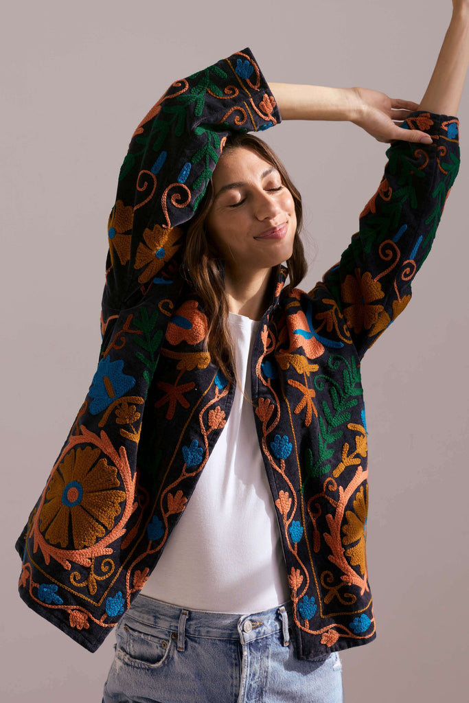 Embroidered Velvet Collared Jacket - Dusty Navy with Multi Pattern