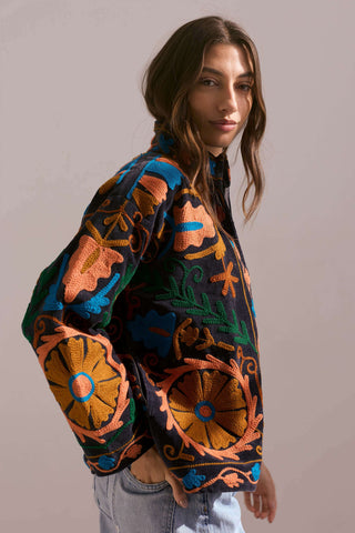 PRE-ORDER Embroidered Velvet Collared Jacket - Dusty Black with Multi Pattern