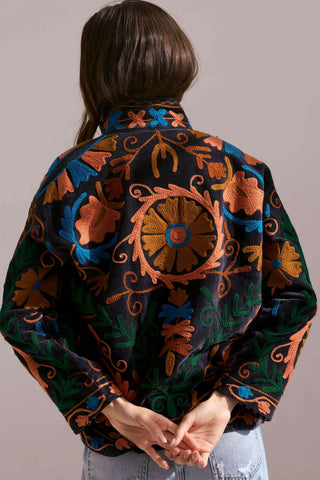 PRE-ORDER Embroidered Velvet Collared Jacket - Dusty Black with Multi Pattern