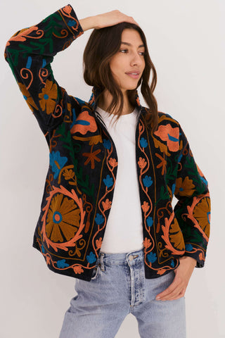 PRE-ORDER Embroidered Velvet Collared Jacket - Dusty Black with Multi Pattern