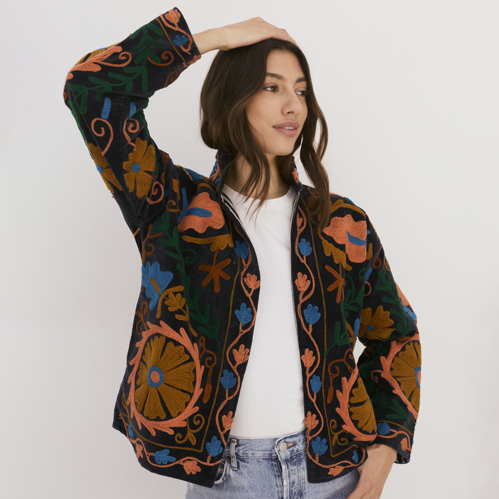 Embroidered Velvet Collared Jacket - Dusty Navy with Multi Pattern