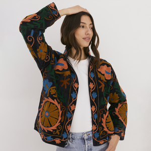 Embroidered Velvet Collared Jacket - Dusty Navy with Multi Pattern