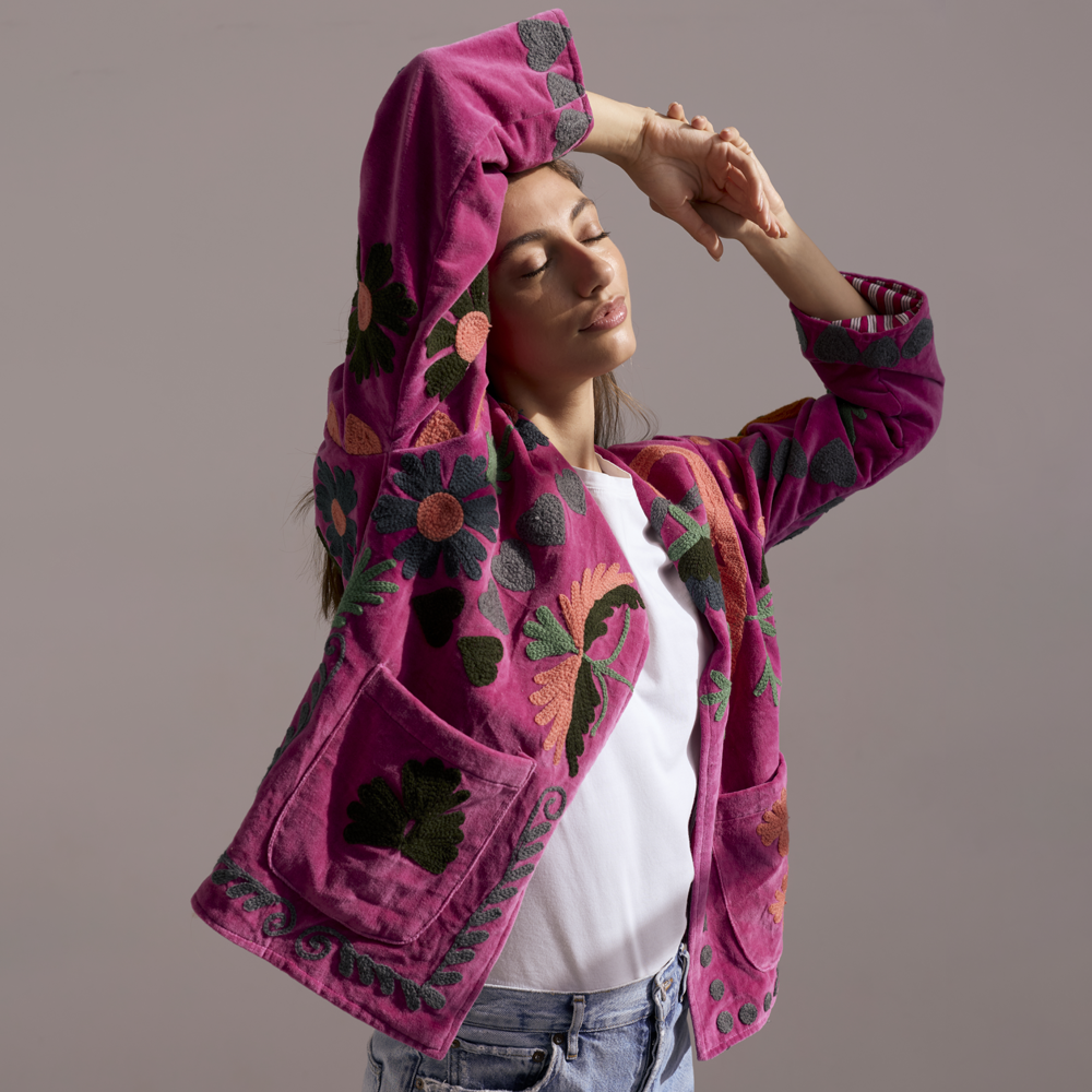 Embroidered Velvet Jacket - Dark Pink with Multi Pattern