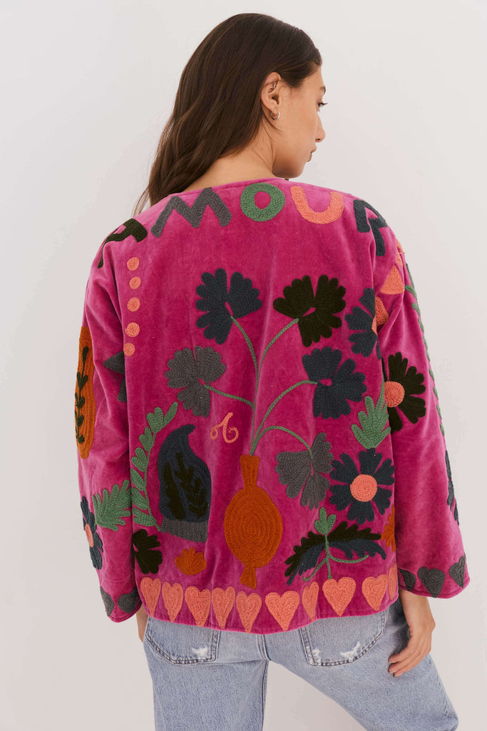Embroidered Velvet Jacket - Dark Pink with Multi Pattern