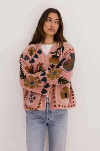 PRE ORDER - Embroidered Velvet Jacket - Dusty Pink with Multi Pattern