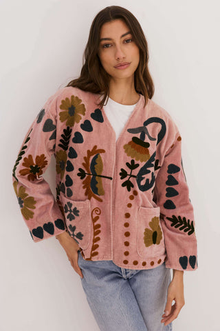 PRE ORDER - Embroidered Velvet Jacket - Dusty Pink with Multi Pattern