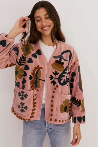 PRE ORDER - Embroidered Velvet Jacket - Dusty Pink with Multi Pattern