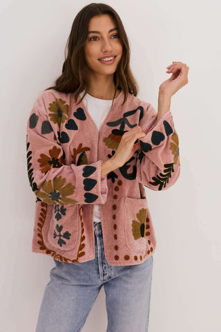 PRE ORDER - Embroidered Velvet Jacket - Dusty Pink with Multi Pattern