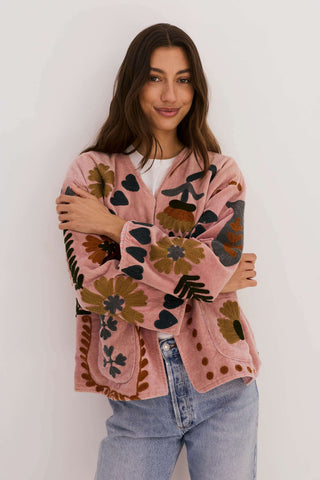 PRE ORDER - Embroidered Velvet Jacket - Dusty Pink with Multi Pattern