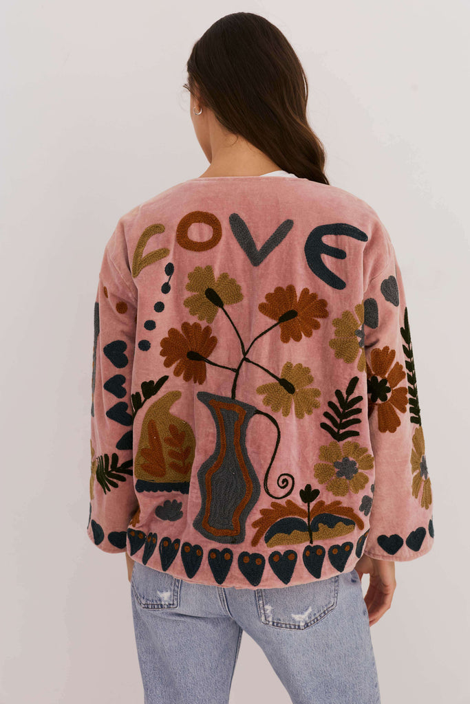 Embroidered Velvet Jacket - Dusty Pink with Multi Pattern