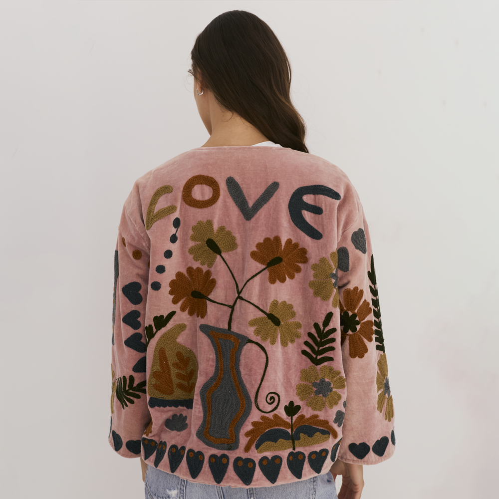 Embroidered Velvet Jacket - Dusty Pink with Multi Pattern