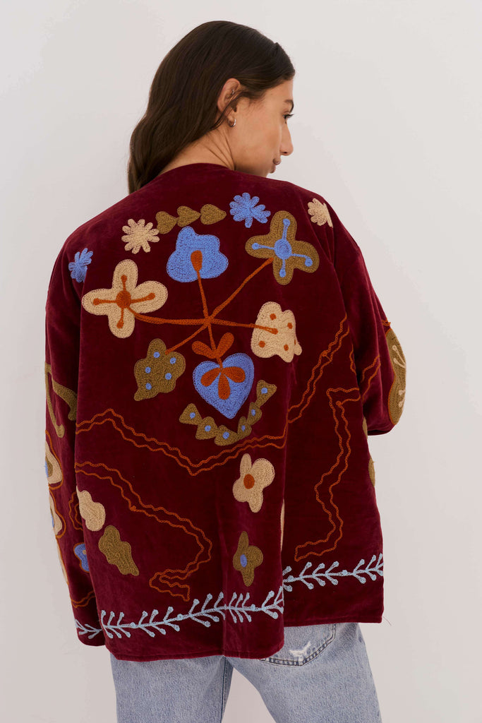 Embroidered Velvet Jacket - Deep Red with Multi Pattern