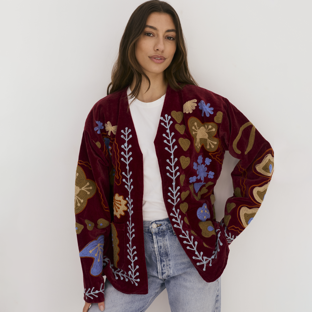 Embroidered Velvet Jacket - Deep Red with Multi Pattern