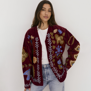 Embroidered Velvet Jacket - Deep Red with Multi Pattern