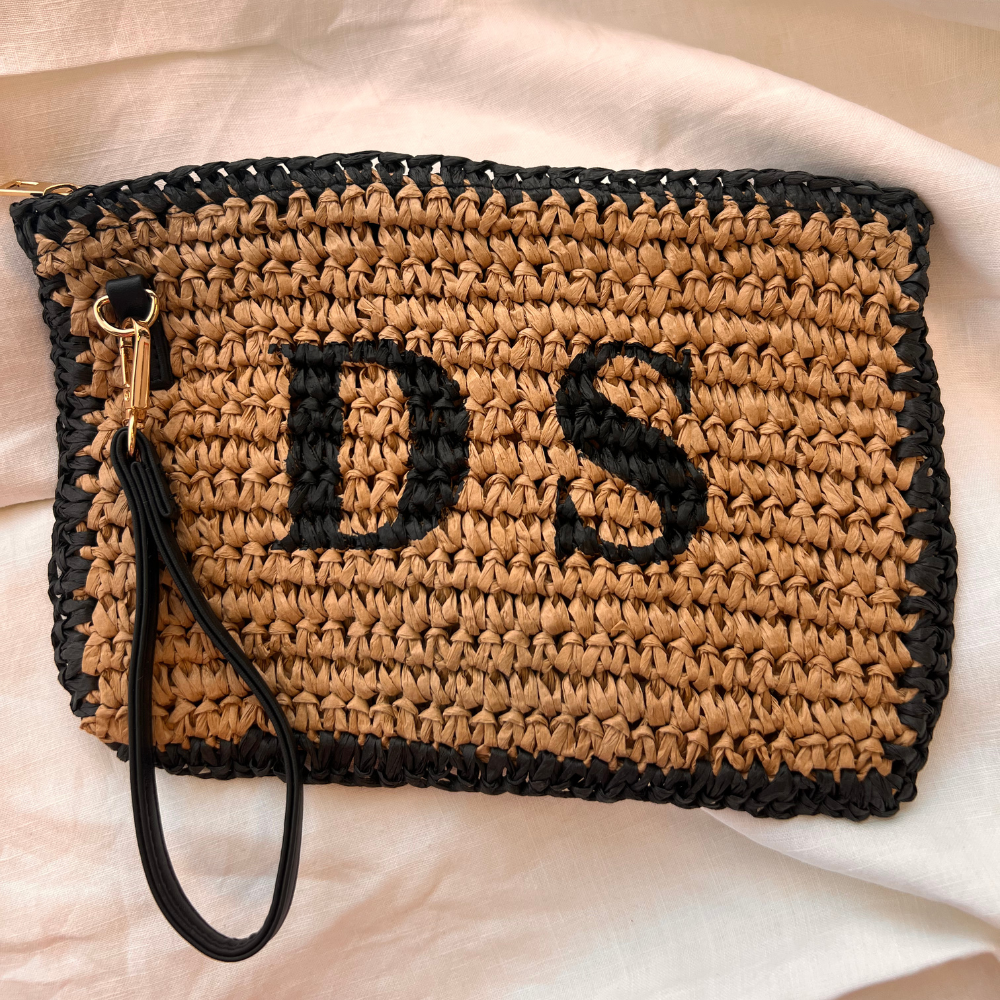 Personalised Raffia Clutch Bag - Black & Tan