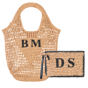 Personalised Raffia Bundle Bag & Clutch - Natural+Black