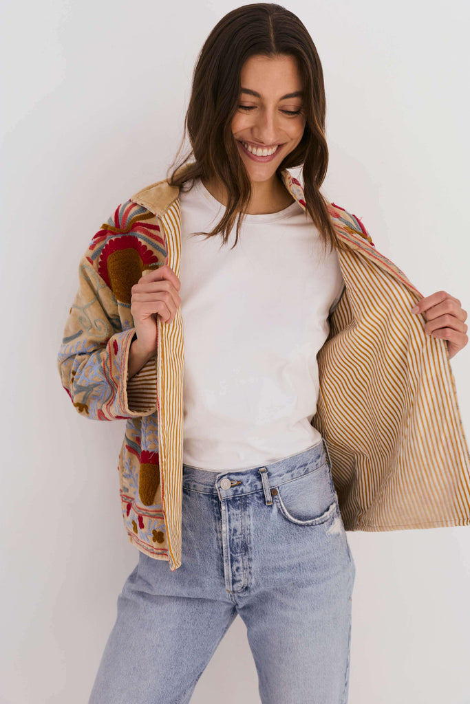 Embroidered Velvet Collared Jacket - Beige with Multi Pattern