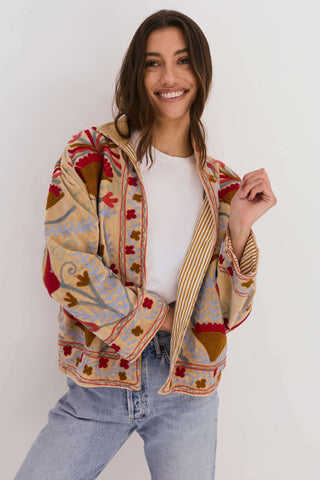 Embroidered Velvet Collared Jacket - Beige (Slightly Imperfect)
