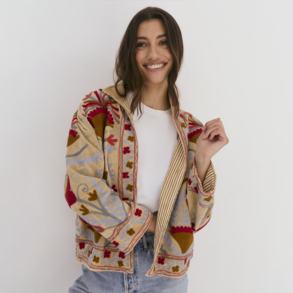 Embroidered Velvet Collared Jacket - Beige with Multi Pattern