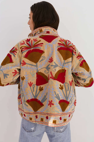 Embroidered Velvet Collared Jacket - Beige (Slightly Imperfect)
