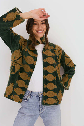 Embroidered Velvet Collared Jacket - Dark Green with Gold Motif