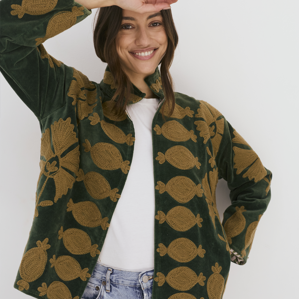 Embroidered Velvet Collared Jacket - Dark Green with Gold Motif
