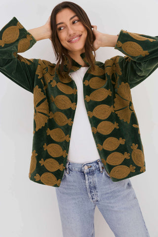 Embroidered Velvet Collared Jacket - Dark Green with Gold Motif
