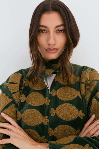 Embroidered Velvet Collared Jacket - Dark Green with Gold Motif