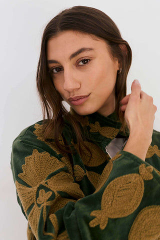 Embroidered Velvet Collared Jacket - Dark Green with Gold Motif