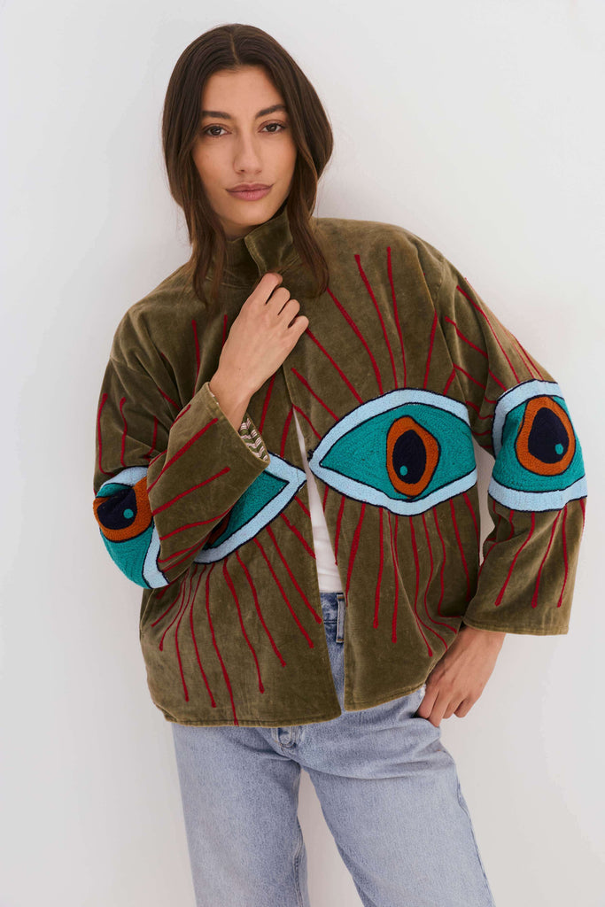 Embroidered Velvet Collared Jacket - Dark Green with Multi Eye