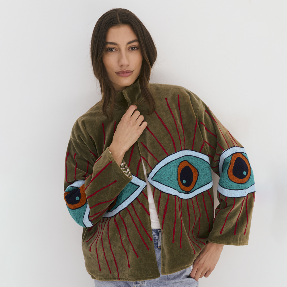 Embroidered Velvet Collared Jacket - Dark Green with Multi Eye