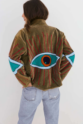 Embroidered Velvet Collared Jacket - Dark Green with Multi Eye