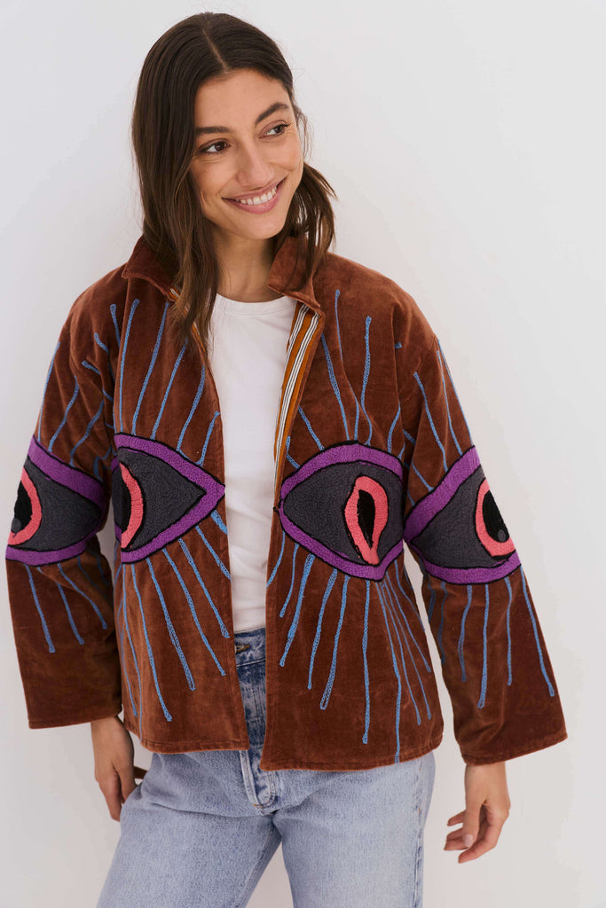 Embroidered Velvet Collared Jacket - Brown with Multi Eye