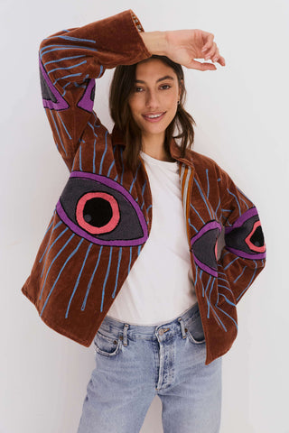 Embroidered Velvet Collared Jacket - Brown with Multi Eye